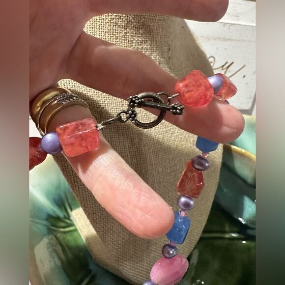 Handcrafted Natural Gemstone & Artisan Glass Bead Necklace One of a Kind 14” - Picture 3 of 4
